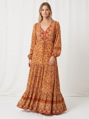Aura Tiered Maxi Dress in Mustard and Rust Paisley